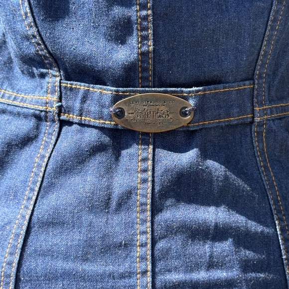 Vintage 70s Levis Denim Sundress Fitted Button Front Dress Brass Buckle In Back - Picture 6 of 11